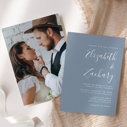 Modern minimalistisch script foto-usty Blue Weddin Kaart