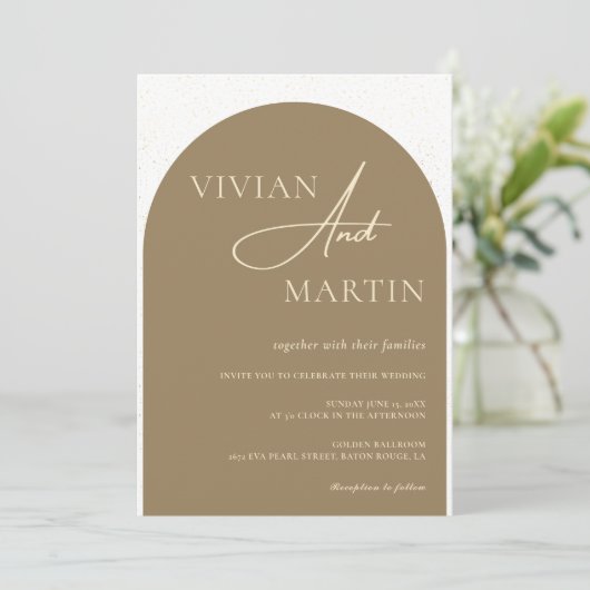 Modern minimalistisch script Golden Dust Wedding Kaart (Staand voorkant)