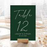 Modern minimalistisch script Groene Trouwtafel Kaa<br><div class="desc">Eenvoudige, moderne bruidstafel nummerkaarten met "Tafel" weergegeven in een handgeschreven wit script met een bos groene achtergrond (of een kleur naar keuze). Om de bosgroene bruidstafelkaarten te bestellen: voeg jouw namen, trouwdatum en tabelnummer toe. Elk nummer moet afzonderlijk aan uw winkelwagen worden toegevoegd. Nadat u klaar bent met het toevoegen...</div>