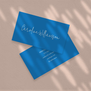 Modern minimalistisch script, helder blauw visitekaartje