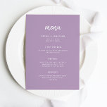 Modern minimalistisch script lavendel | Bruiloft Menu<br><div class="desc">Deze elegante,  minimalistische trouwmenukaart heeft een moderne witte scripttypografie en een strakke,  sans serif tekst op een kleurrijke lavendel lichte paarse achtergrond voor een eenvoudig en stijlvol ontwerp waar u dol op zult zijn.</div>