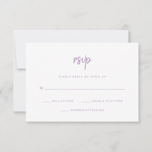 Modern minimalistisch script lavendel | Bruiloft RSVP Kaartje (Achterkant)