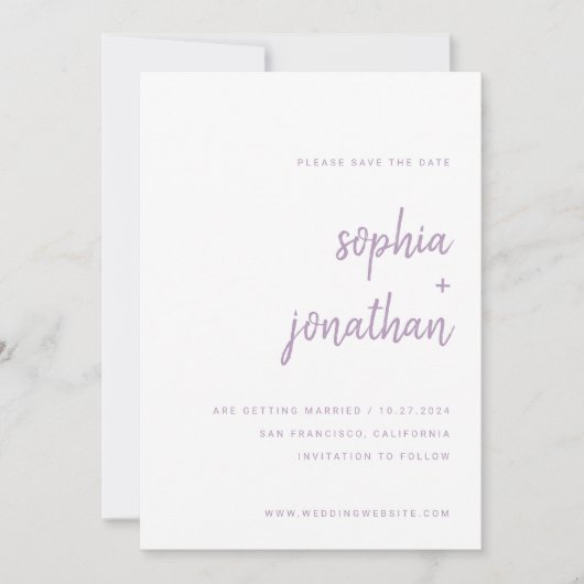 Modern minimalistisch script lavendel | Foto Terug Save The Date (Voorkant)