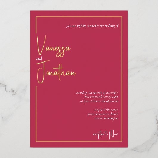 Modern minimalistisch script Magenta Gold Folie Uitnodiging (Voorkant)
