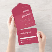 Modern minimalistisch script magenta Red | Weddens All In One Uitnodiging (Afscheurbaar)