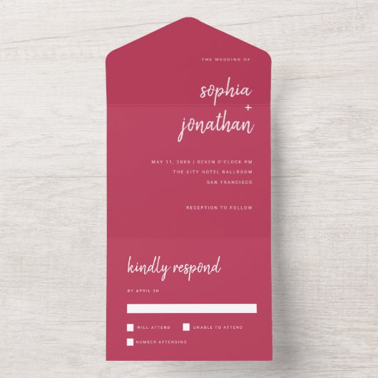 Modern minimalistisch script magenta Red | Weddens All In One Uitnodiging (Binnen)