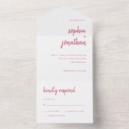 Modern minimalistisch script | Magenta Red Wedding All In One Uitnodiging (Binnen)