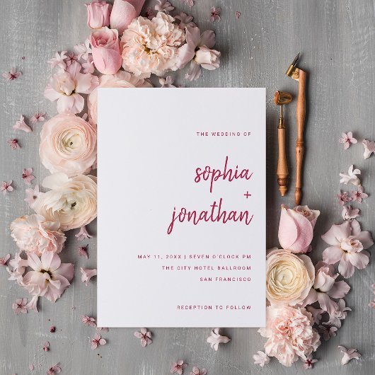 Modern minimalistisch script | Magenta Red Wedding Kaart