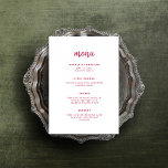 Modern minimalistisch script | Magenta Red Wedding Menu<br><div class="desc">Deze elegante,  minimalistische trouwmenukaart biedt moderne scripttypografie en schone,  sans serif tekst voor een eenvoudig en stijlvol magenta rood en wit ontwerp waar u van houdt.</div>