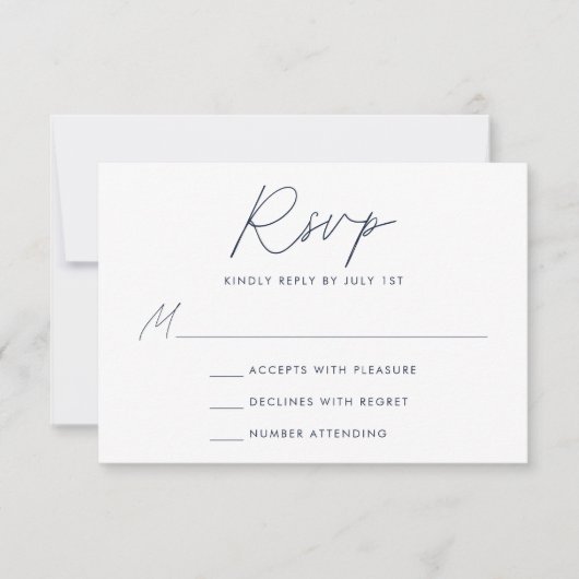 Modern minimalistisch script marine bruiloft RSVP kaartje (Voorkant)