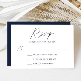 Modern minimalistisch script marine bruiloft RSVP kaartje