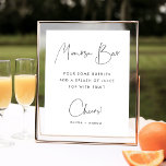 Modern Minimalistisch Script Mimosa Bar Sign Poster<br><div class="desc">Maak je bruiloft of douche mimosa bar af met dit eenvoudige en elegante teken met rijke aszwarte letters op een heldere witte achtergrond. "Mimosa Bar" verschijnt aan de bovenkant in moderne handgeschreven schrift belettering. Personaliseer met korte instructies,  "Proost" en uw namen en/of evenementdatum eronder.</div>