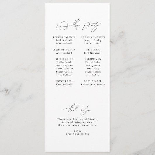 Modern Minimalistisch Script Monogram Flat Program Programmakaart (Achterkant)