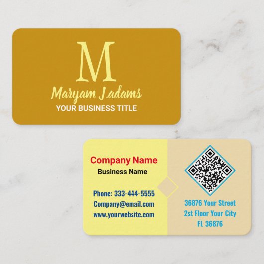 Modern minimalistisch script monogram mosterd geel visitekaartje (Voorkant / Achterkant)