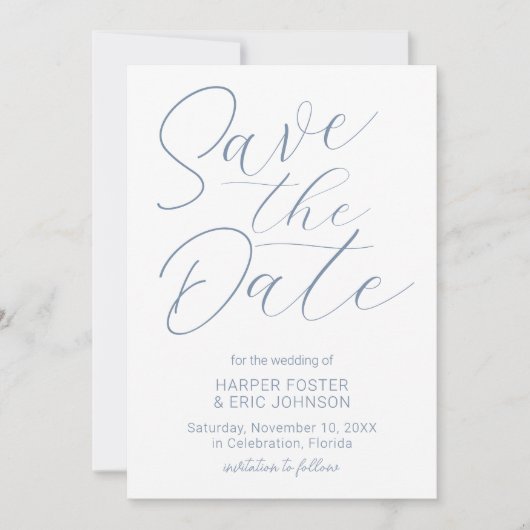 Modern minimalistisch Script-mosterd Blauw opslaan Aankondiging (Voorkant)