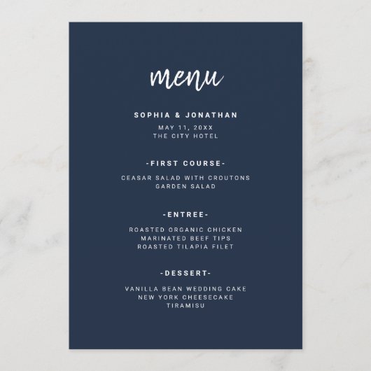 Modern minimalistisch Script Navy Blue | Weddensch Menu (Voorkant)