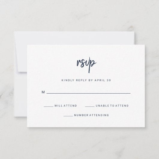 Modern minimalistisch script | Navy Blue Wedding RSVP Kaartje (Achterkant)