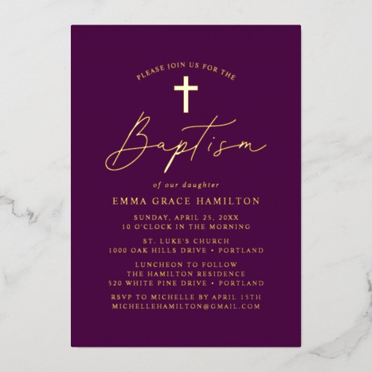 Modern minimalistisch script Paars Baptisme Folie Uitnodiging (Voorkant)