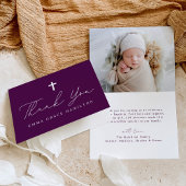 Modern minimalistisch script Paarse foto doop Bedankkaart