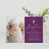 Modern minimalistisch script Paarse foto doop Kaart (Staand voorkant)