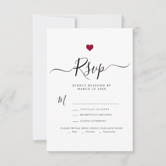 Modern Minimalistisch Script Red Heart bruiloft RS RSVP Kaartje (Voorkant)