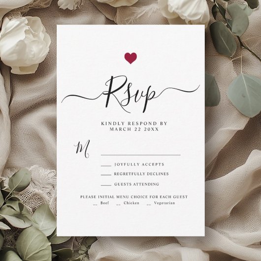 Modern Minimalistisch Script Red Heart bruiloft RS RSVP Kaartje