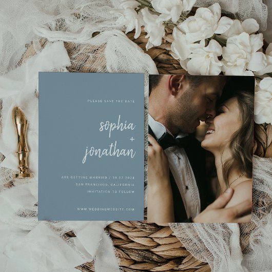 Modern minimalistisch script robuust blauw | Foto  Save The Date