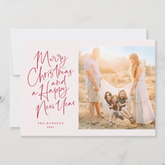 Modern minimalistisch script rood en roze feestdagenkaart (Voorkant)