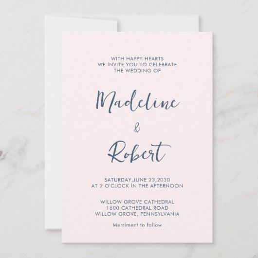 Modern Minimalistisch Script Roze Blauw Bruiloft Kaart (Voorkant)