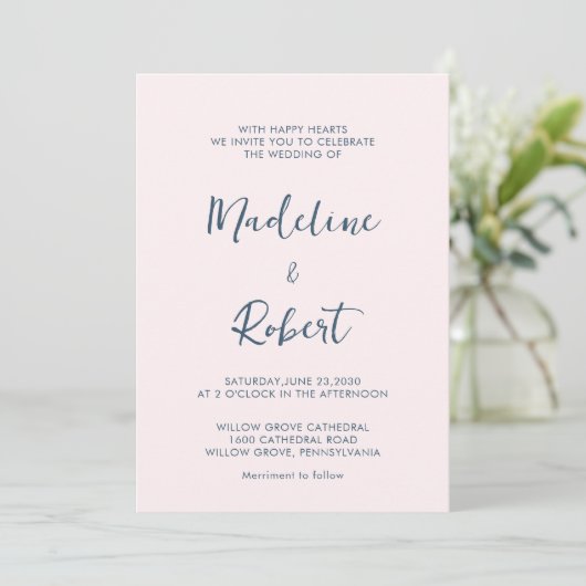Modern Minimalistisch Script Roze Blauw Bruiloft Kaart (Staand voorkant)