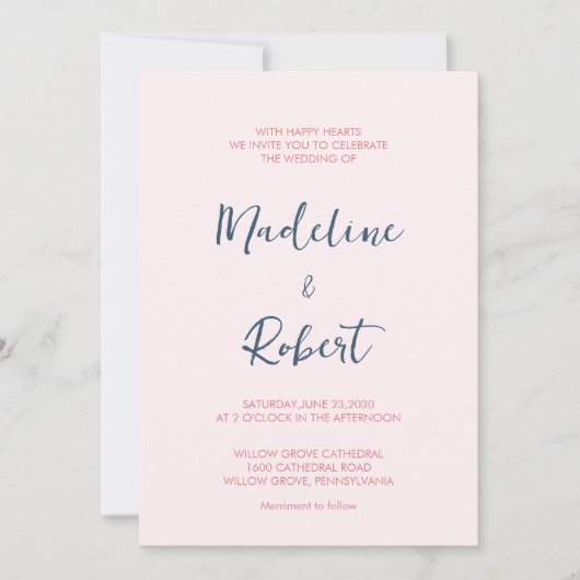 Modern Minimalistisch Script Roze Blauw Bruiloft Kaart (Voorkant)
