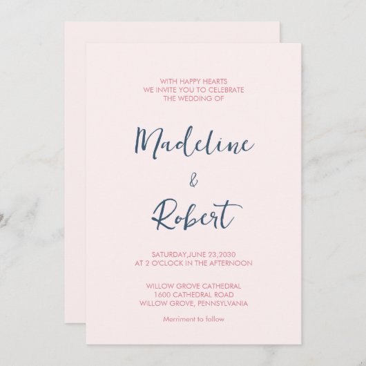 Modern Minimalistisch Script Roze Blauw Bruiloft Kaart (Voorkant / Achterkant)
