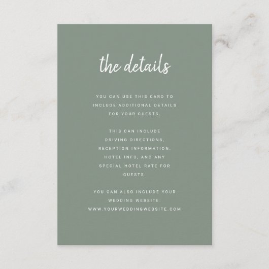 Modern minimalistisch Script Sage Green | Bijzonde Informatiekaartje (Voorkant)