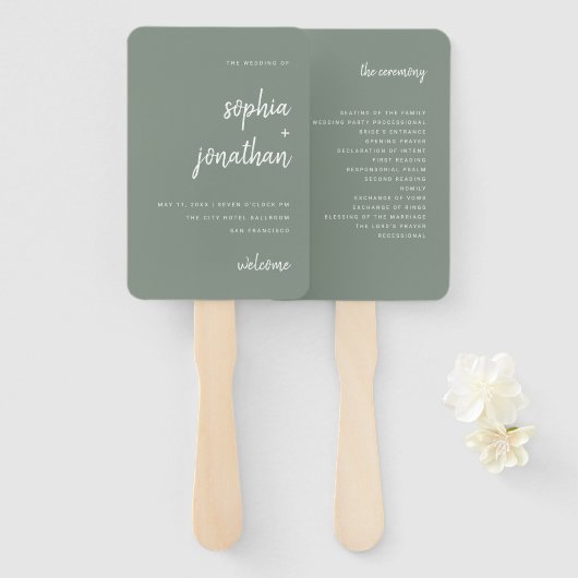 Modern minimalistisch Script Sage Green | Weddensc Handwaaier (Voorkant en achterkant)