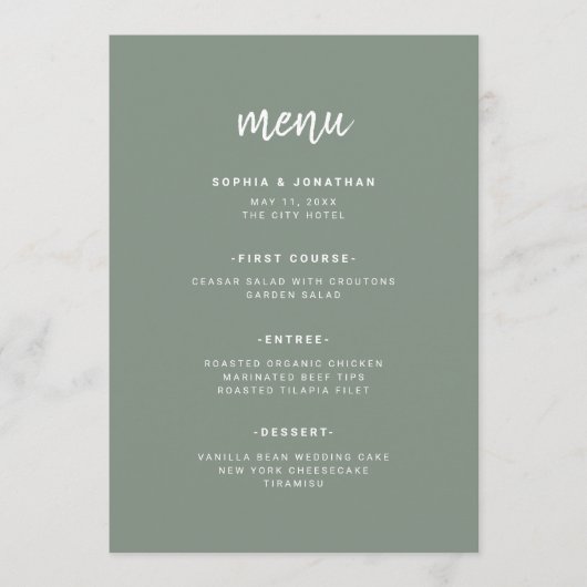 Modern minimalistisch Script Sage Green | Weddensc Menu (Voorkant)