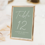 Modern minimalistisch Script Sage Green Wedding Kaart<br><div class="desc">Eenvoudige, moderne bruidstafel nummerkaarten met "Tafel" weergegeven in een handgeschreven wit script met een wijze groene achtergrond (of een kleur naar keuze). Om de salie groene trouwtafelkaarten te bestellen: voeg jouw namen, trouwdatum en tabelnummer toe. Elk nummer moet afzonderlijk aan uw winkelwagen worden toegevoegd. Nadat u klaar bent met het...</div>