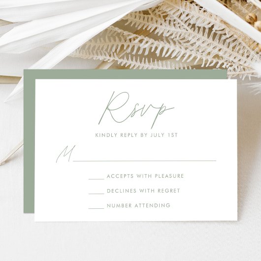 Modern minimalistisch Script Sage Green Wedding RSVP Kaartje