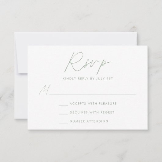 Modern minimalistisch Script Sage Green Wedding RSVP Kaartje (Voorkant)