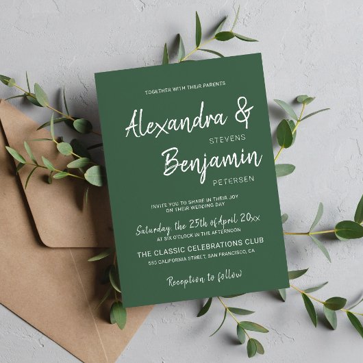 Modern minimalistisch script smaragdgroene bruilof kaart