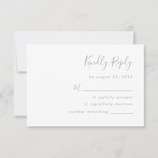 Modern minimalistisch script Taupe bruiloft RSVP Kaartje (Voorkant)
