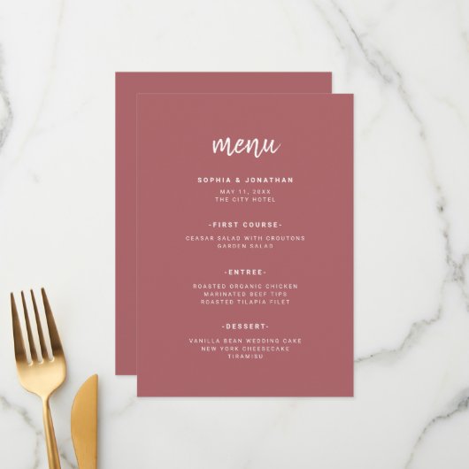 Modern minimalistisch script | Terra Rosa Wedding Menu (Voorkant / Achterkant in situ)
