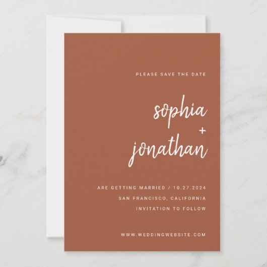 Modern minimalistisch script terracotta | Foto ter Save The Date (Voorkant)