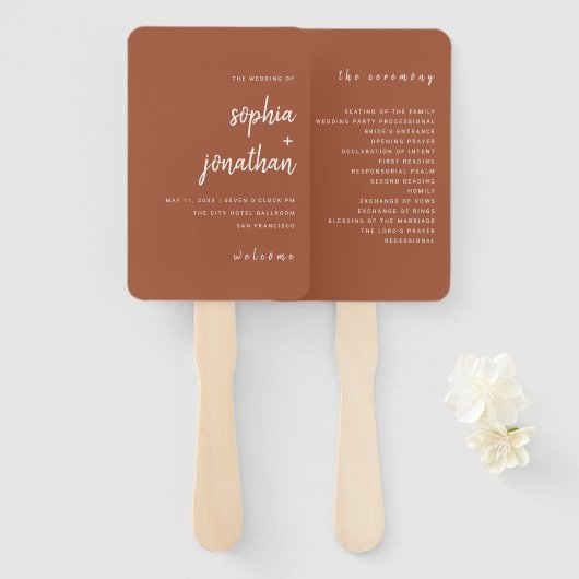 Modern minimalistisch script terracotta | Weddensc Handwaaier (Voorkant en achterkant)