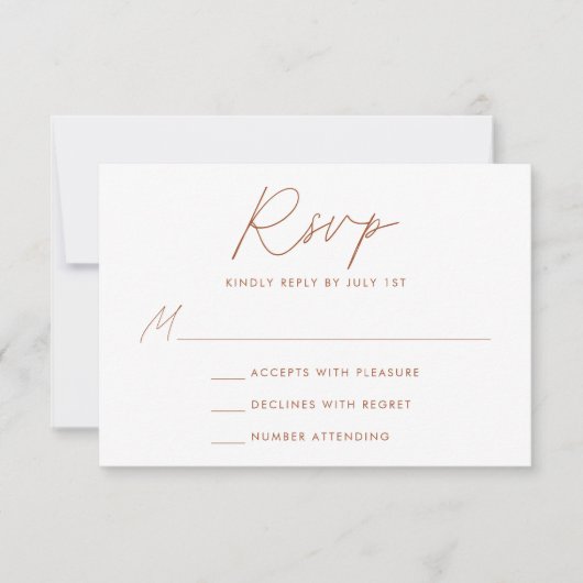 Modern minimalistisch script terracotta Wedding RSVP Kaartje (Voorkant)