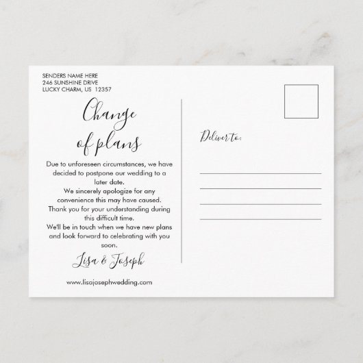 Modern minimalistisch script uitgesteld evenement briefkaart (Achterkant)