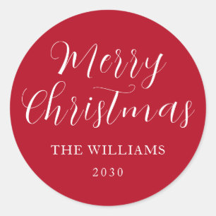 Modern minimalistisch script vrolijk kerstrood wit ronde sticker