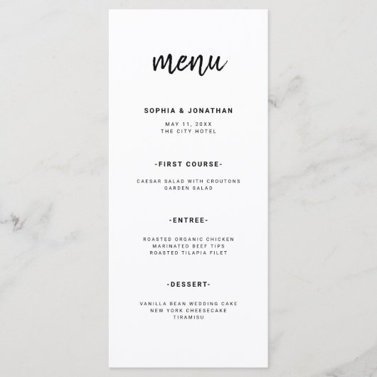 Modern minimalistisch script | Weddenschap Menu (Voorkant)