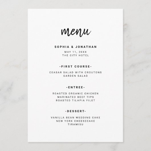 Modern minimalistisch script | Weddenschap Menu (Voorkant)