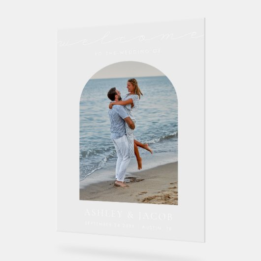 Modern minimalistisch script Welkom foto bruiloft Acryl Bord (Hoek)