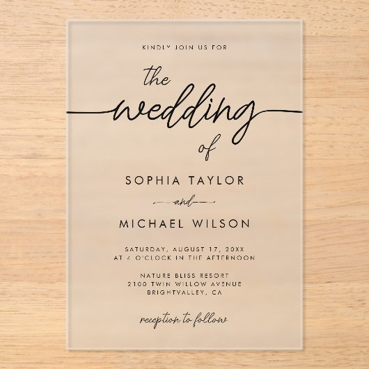 Modern minimalistisch script zwart bruiloft acryl uitnodigingen (Voorkant)